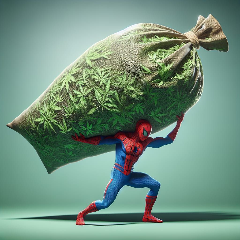 Superhero Burdened by Overfilled Bag of Green Material