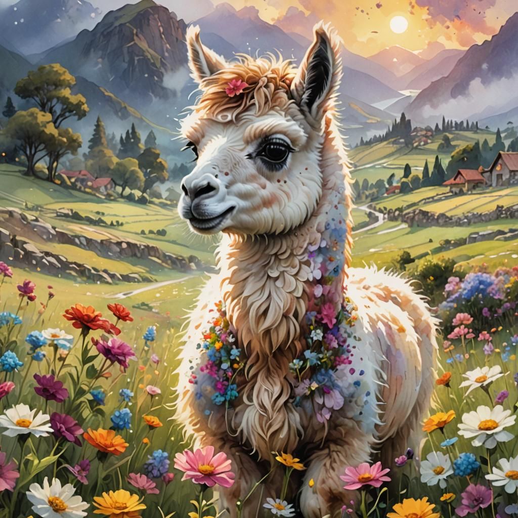 Chibi Llama in Peruvian Pasture: Digital Watercolor