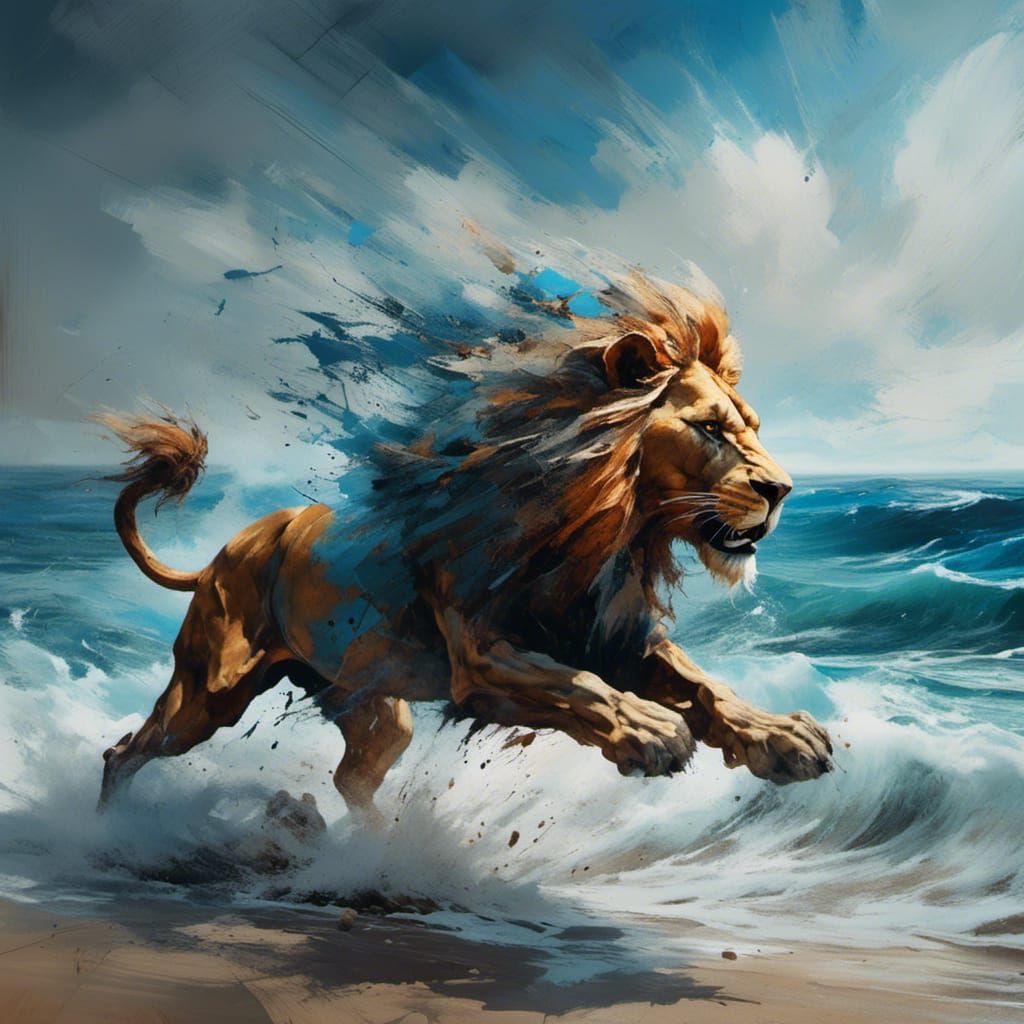 Lion Runs on Beach in Watercolor Style
