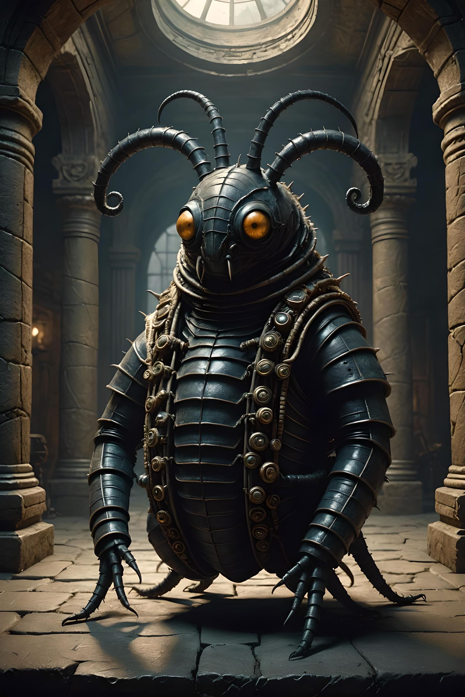 A giant Lovecraftian millipede insect with tentacles wearing elaborate leather harness and amulets, standing in a dramat...