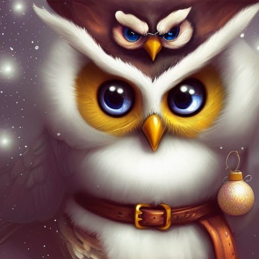 Cute White Christmas Owl Cartoon Portrait