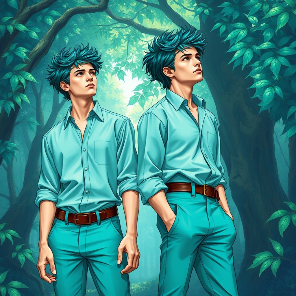 Turquoise Twins in a Dreamlike Forest Landscape