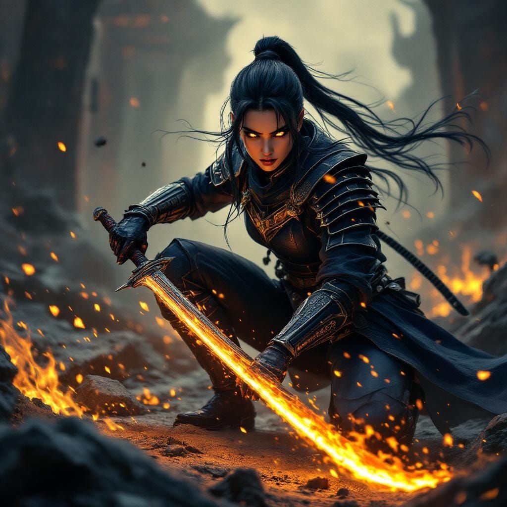Female Knight Superhero with Glowing Sword in 3D