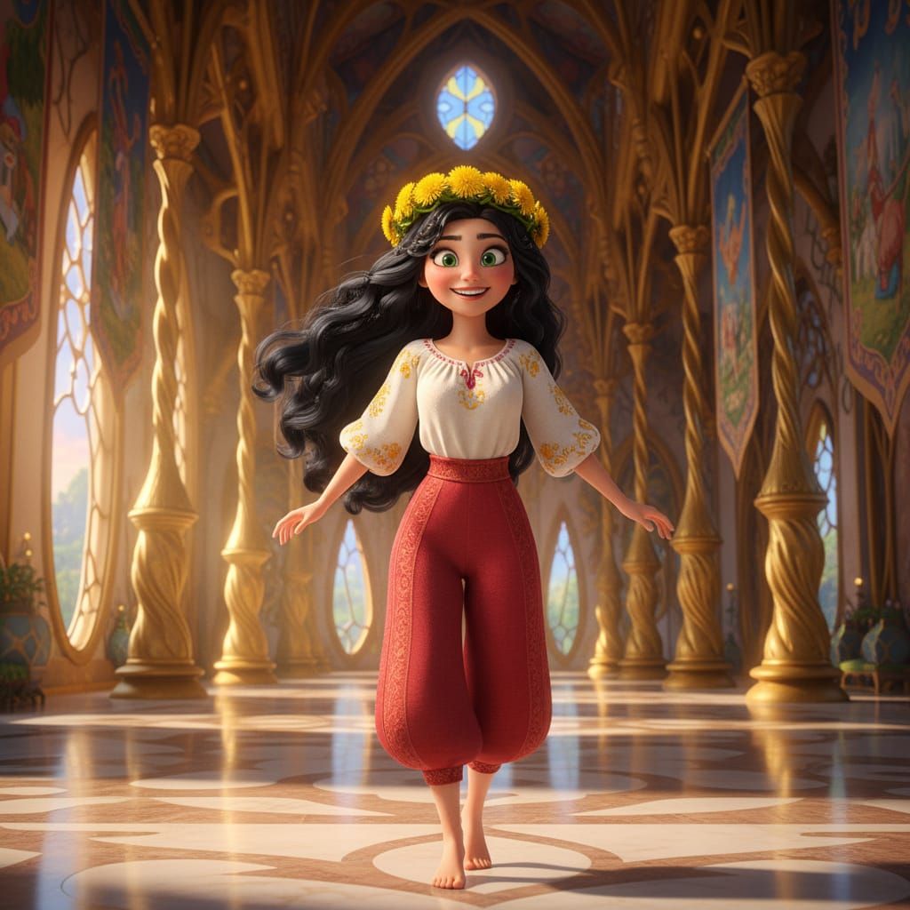 Happy Green-Eyed Woman in Palace, Disney 3D Art