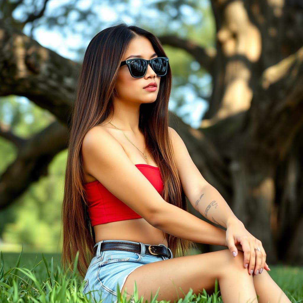 Young Woman in Red Crop Top and Sunglasses by Oak Tree