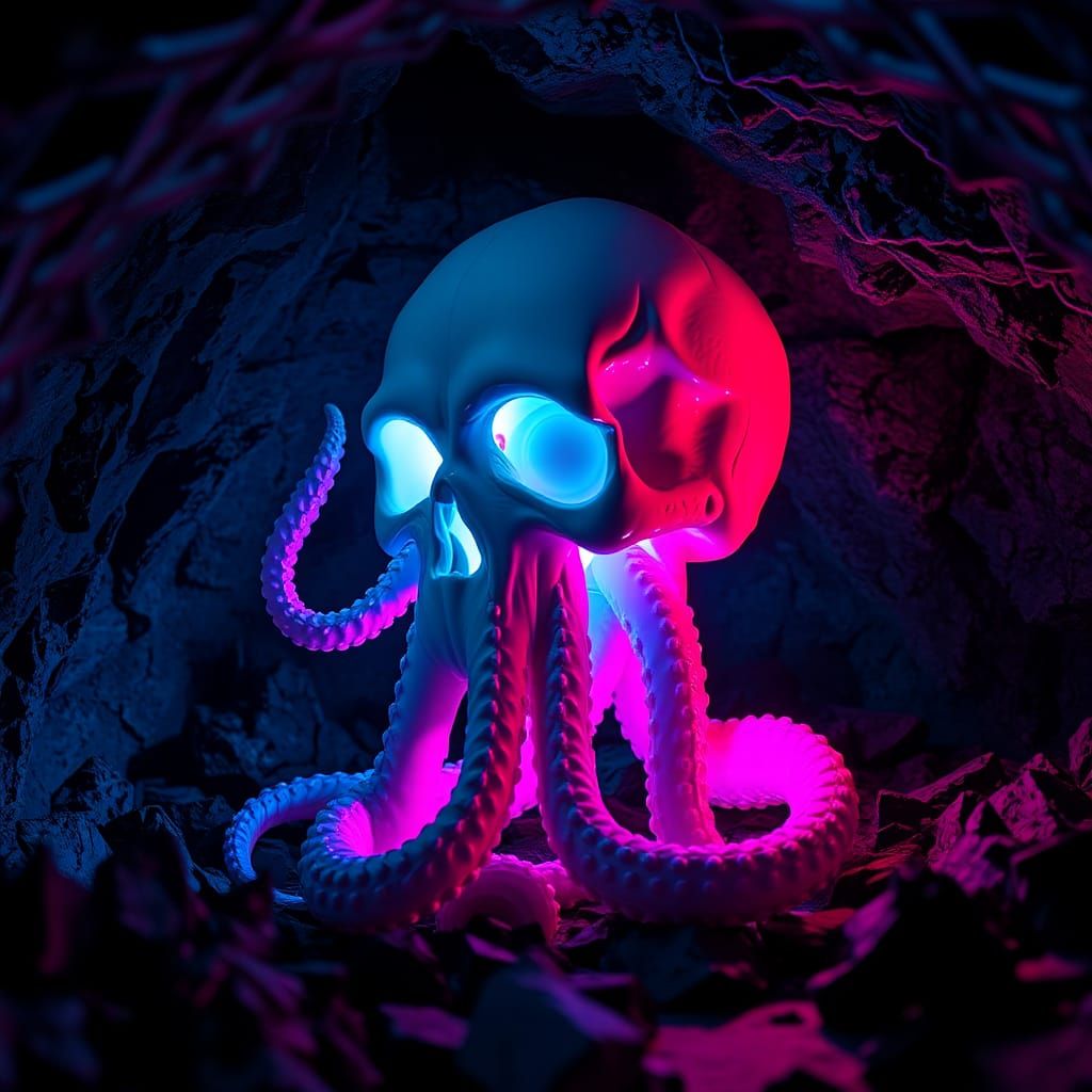 Cyberpunk Tentacle Skull Sculpture in a Cave