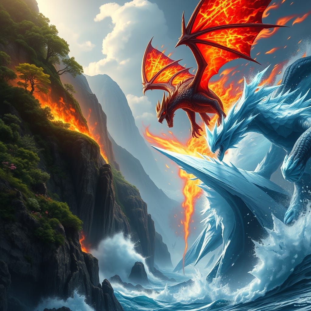 Epic Battle of Fire and Ice Demons on a Rocky Cliffside
