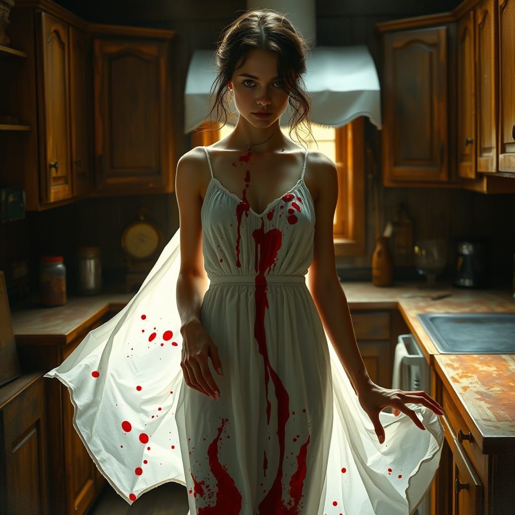 Woman in Crimson Stained Sundress in a Warm Kitchen