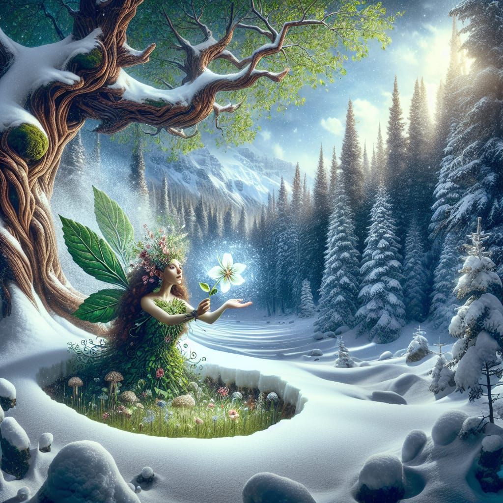 Enchanting Flower Fairy Herald of Spring in Winter Forest