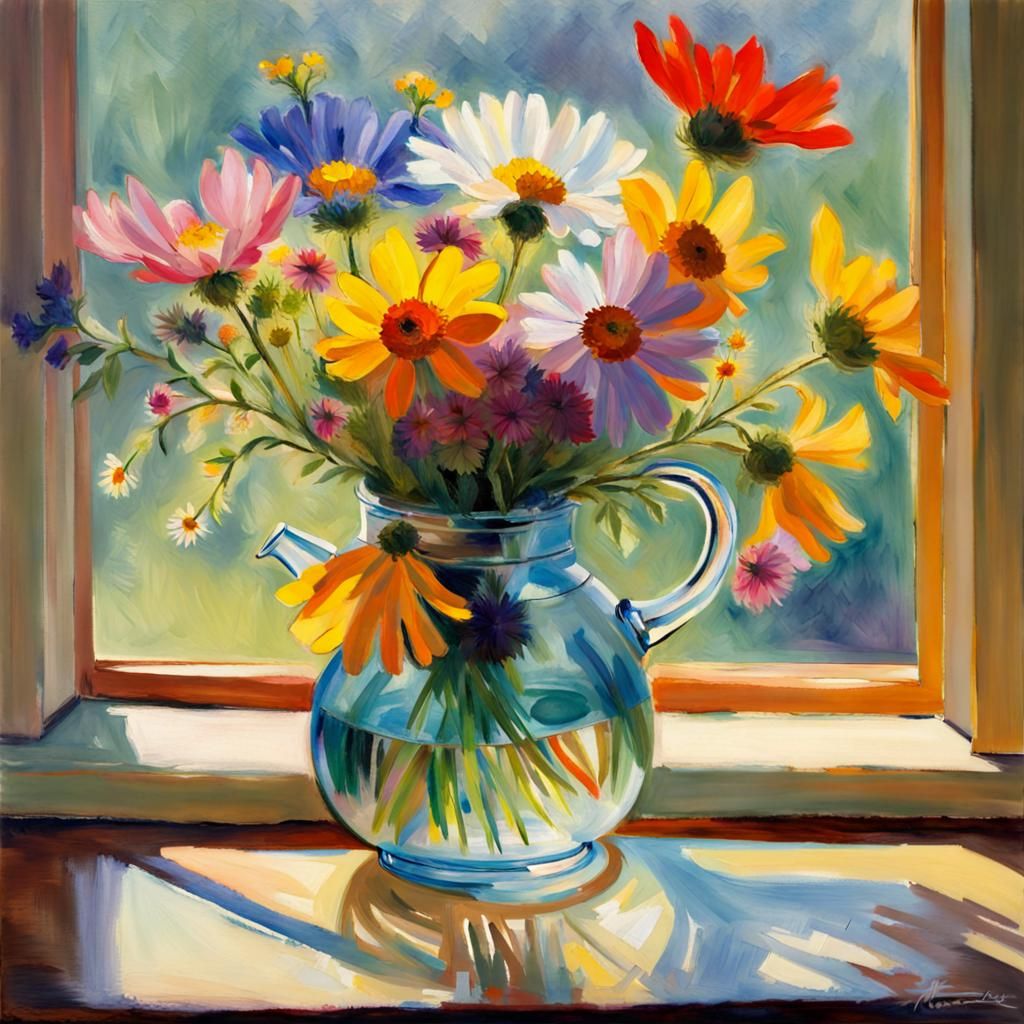 Wildflowers in Teapot Vase, Impressionist Style