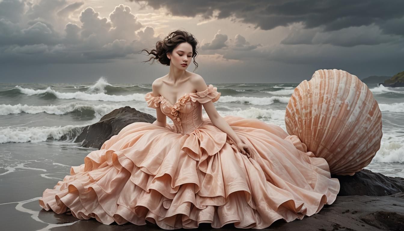 Ethereal Woman in Seashell, Cubist Style