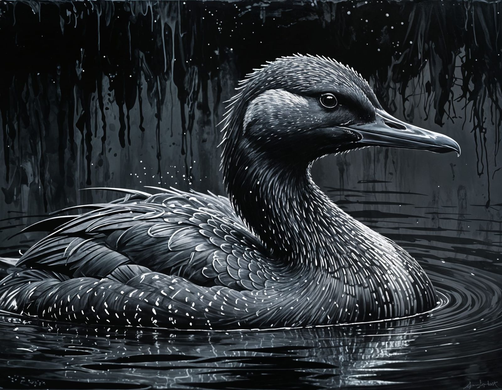 Black Loon Painting with Silver Highlights in Grunge Style