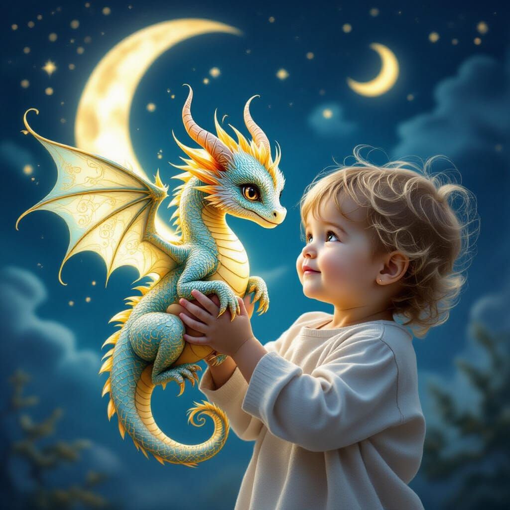Toddler and Ethereal Baby Dragon on Moonlit Night