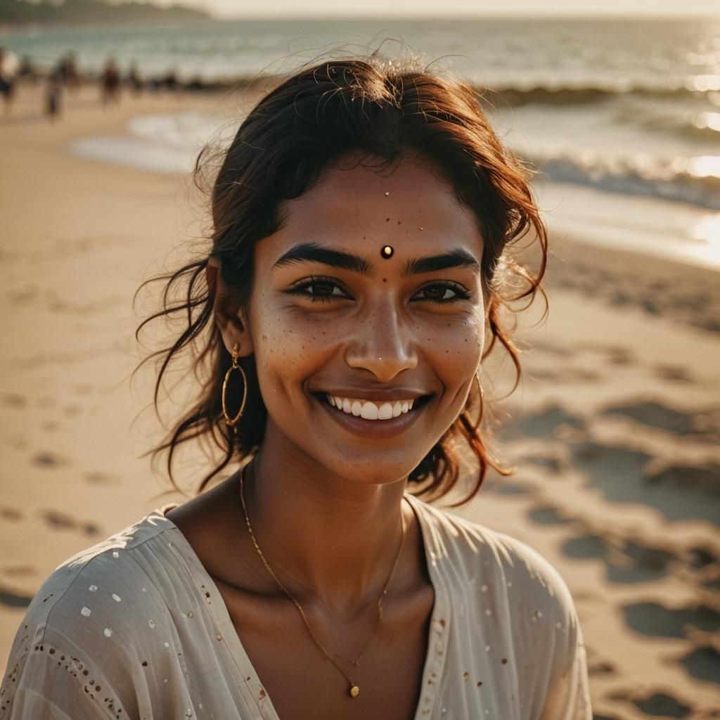 Indian Model Smiling in Golden Hour Cinematic Style
