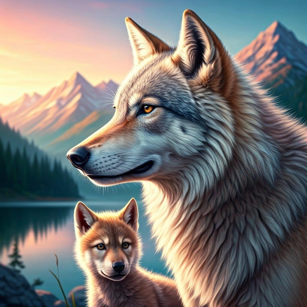 Wolf Pup Portrait in Mountain Landscape, Photorealistic Styl...