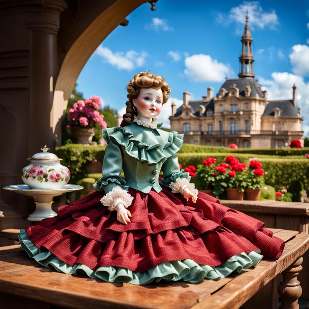 Porcelain Doll in Can-Can Dress on Garden Table