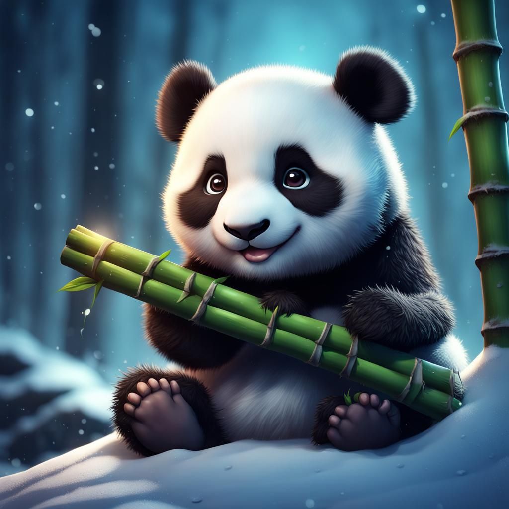 Cute Baby Panda on Snowy Night: Fantasy Concept Art