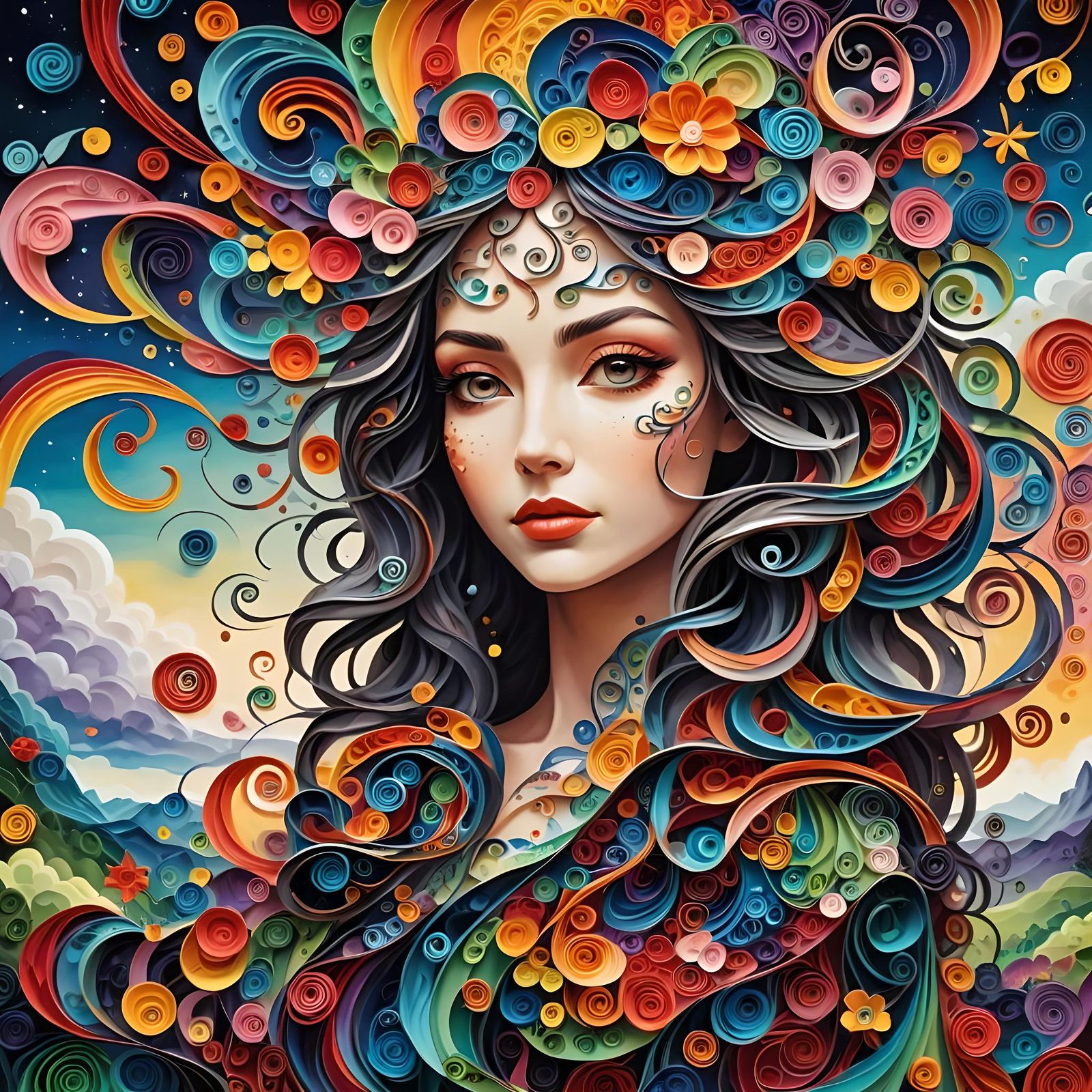 Psychedelic 3D Quilled Woman in Dreamy Landscape