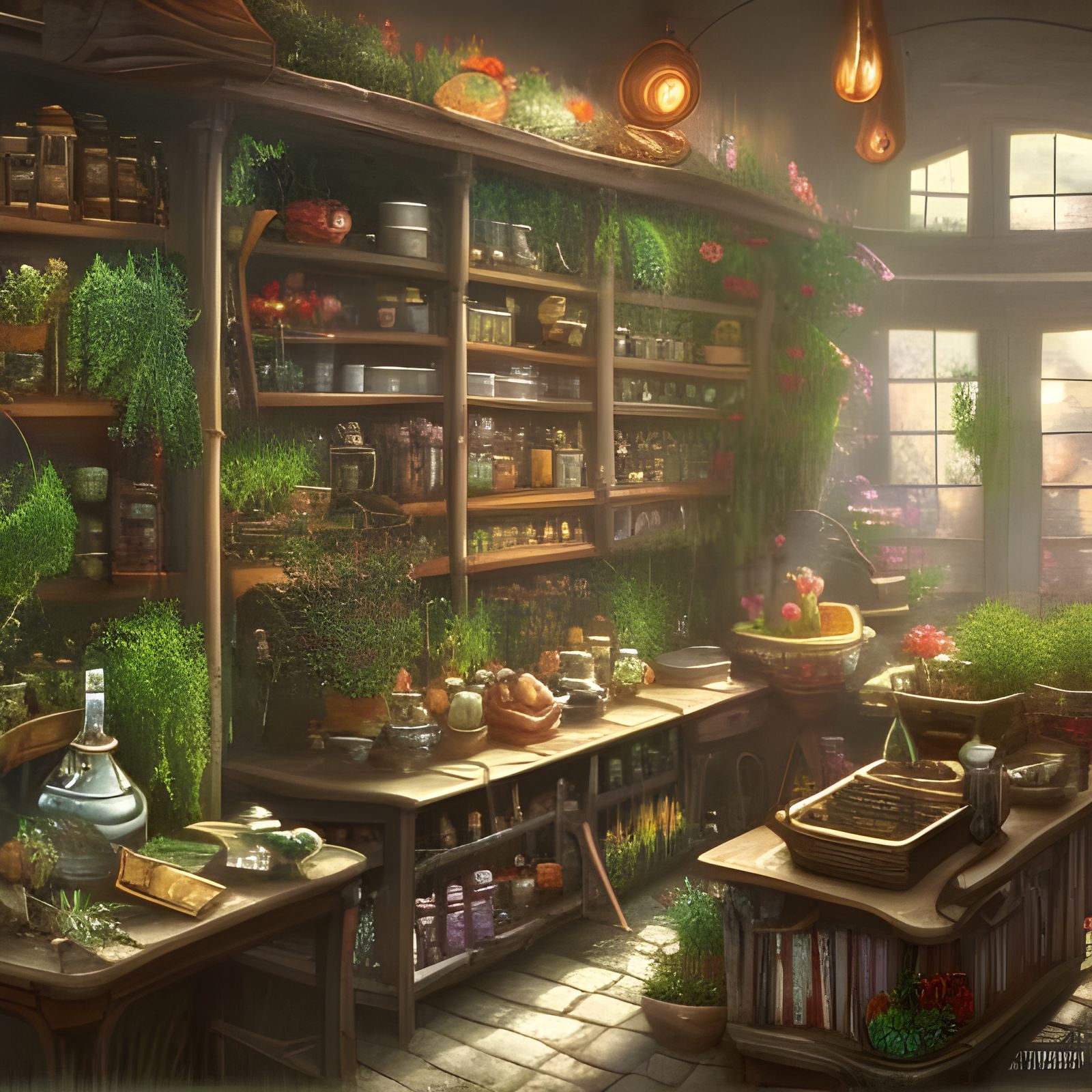Dark Fantasy Herb Shop Interior with Dried Ingredients