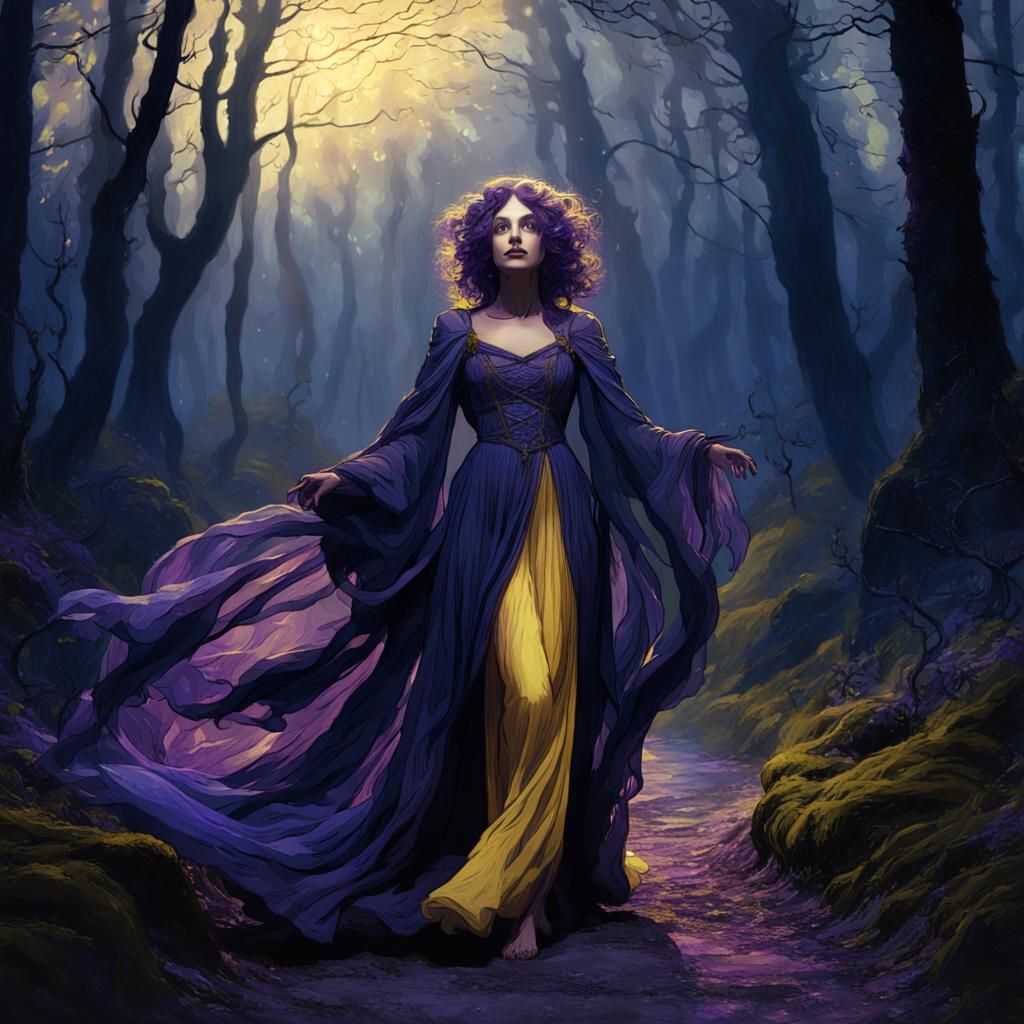 Ethereal Witch on Forest Path in Art Nouveau Style