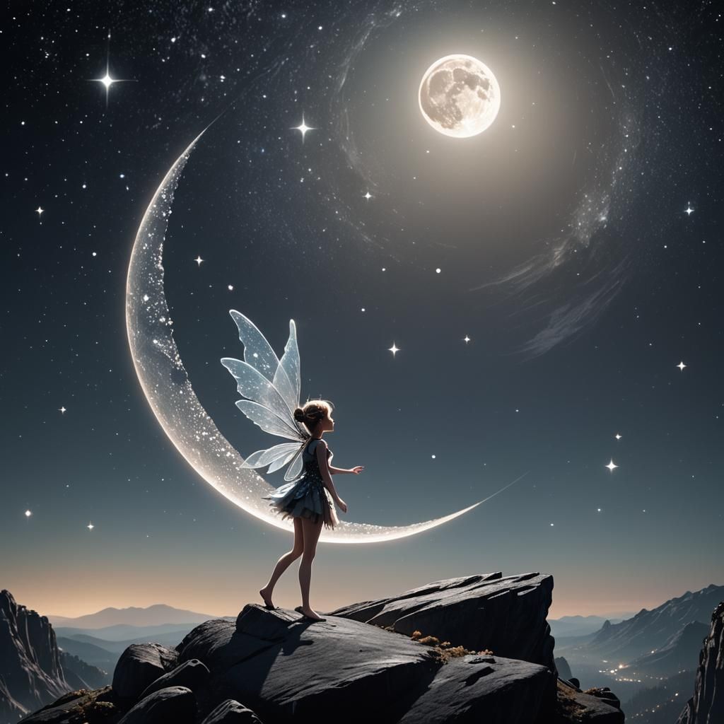 Ethereal Fairy Touches Moon in Sci-Fi Landscape