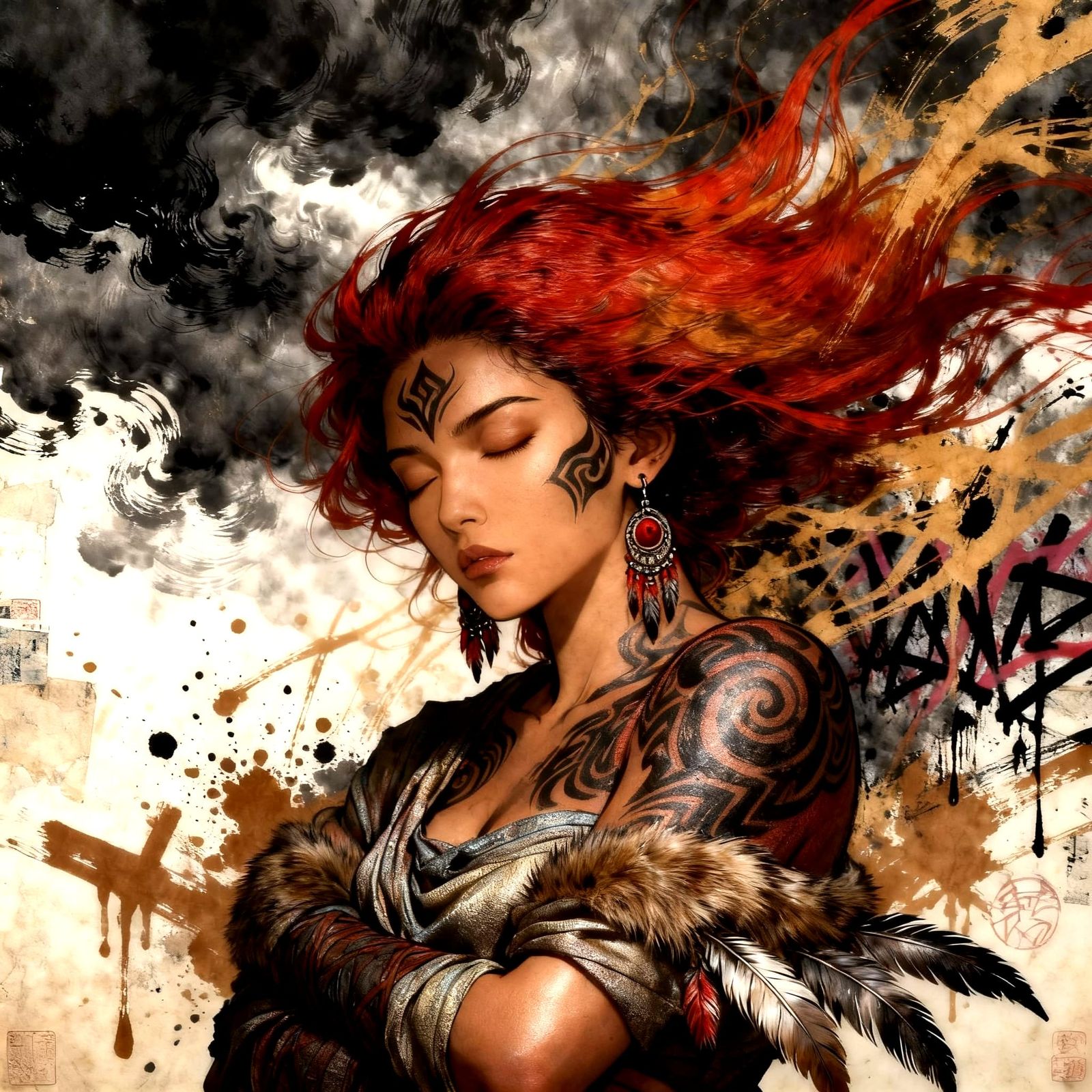 Latina Warrior in Abstract Storm, Punk Collage Style