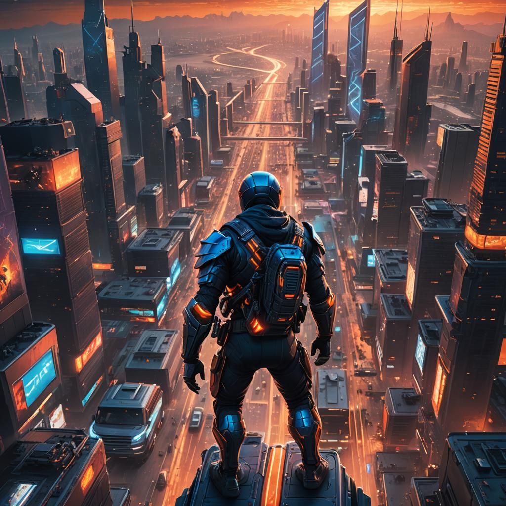 Ninja Warrior on Battle Bus Above Cyberpunk City