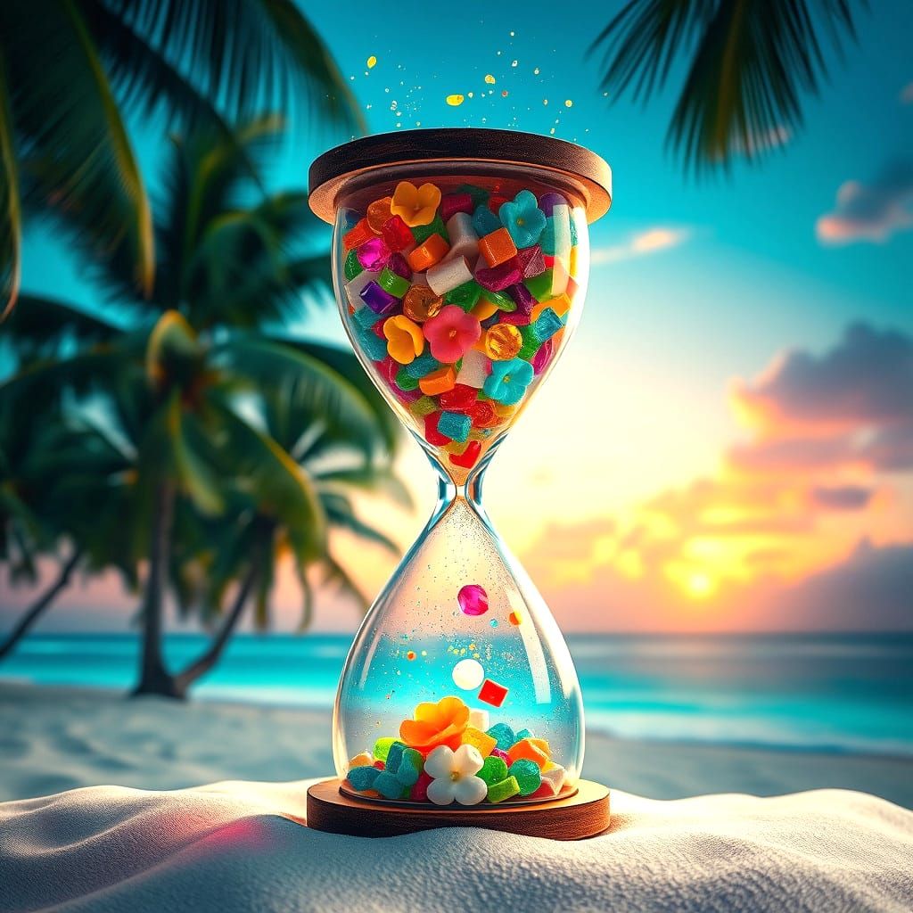 Colorful Hourglass on Tropical Beach in Splash Art Style