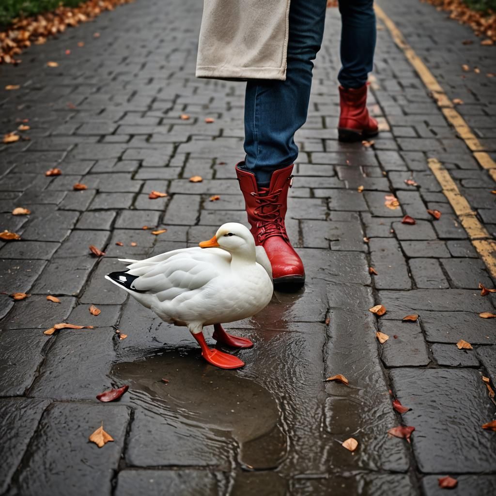 Duck in Red Boots: Hyperrealistic 64MP Image