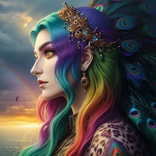 Woman with Rainbow Scales and Peacock Hair