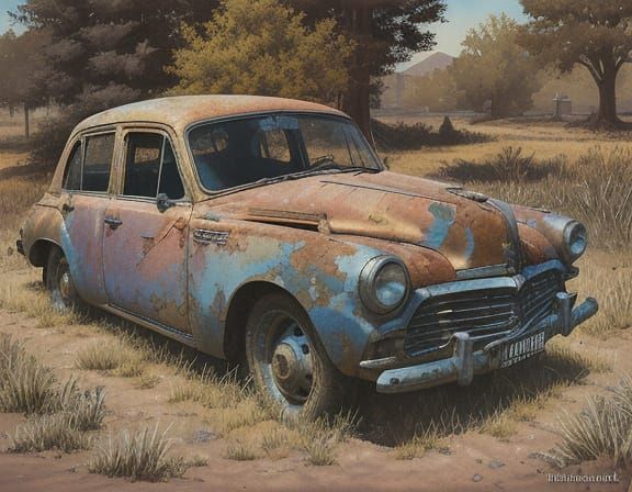 Rusty Abandoned Car in Sunlight, Comic Book Style
