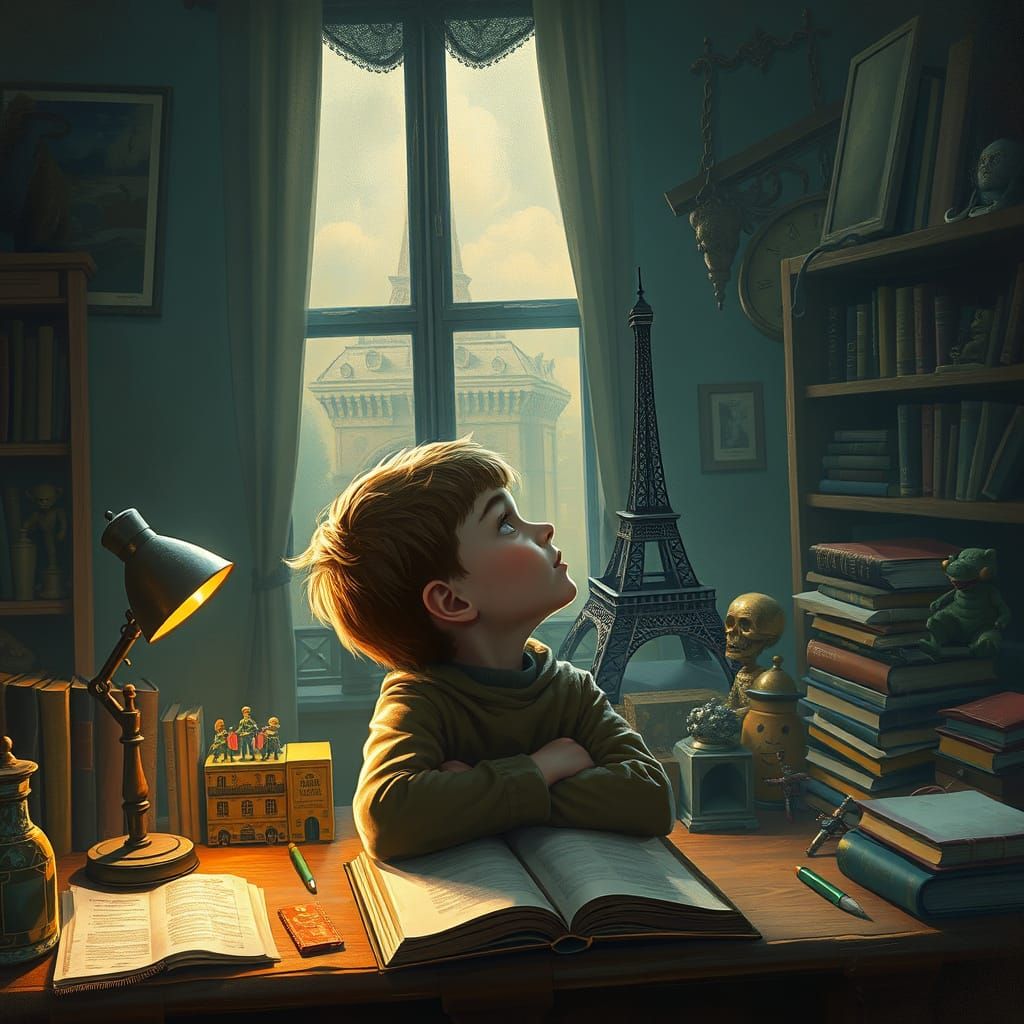 Boy Wonders at Miniature Eiffel Tower in Dark Fantasy