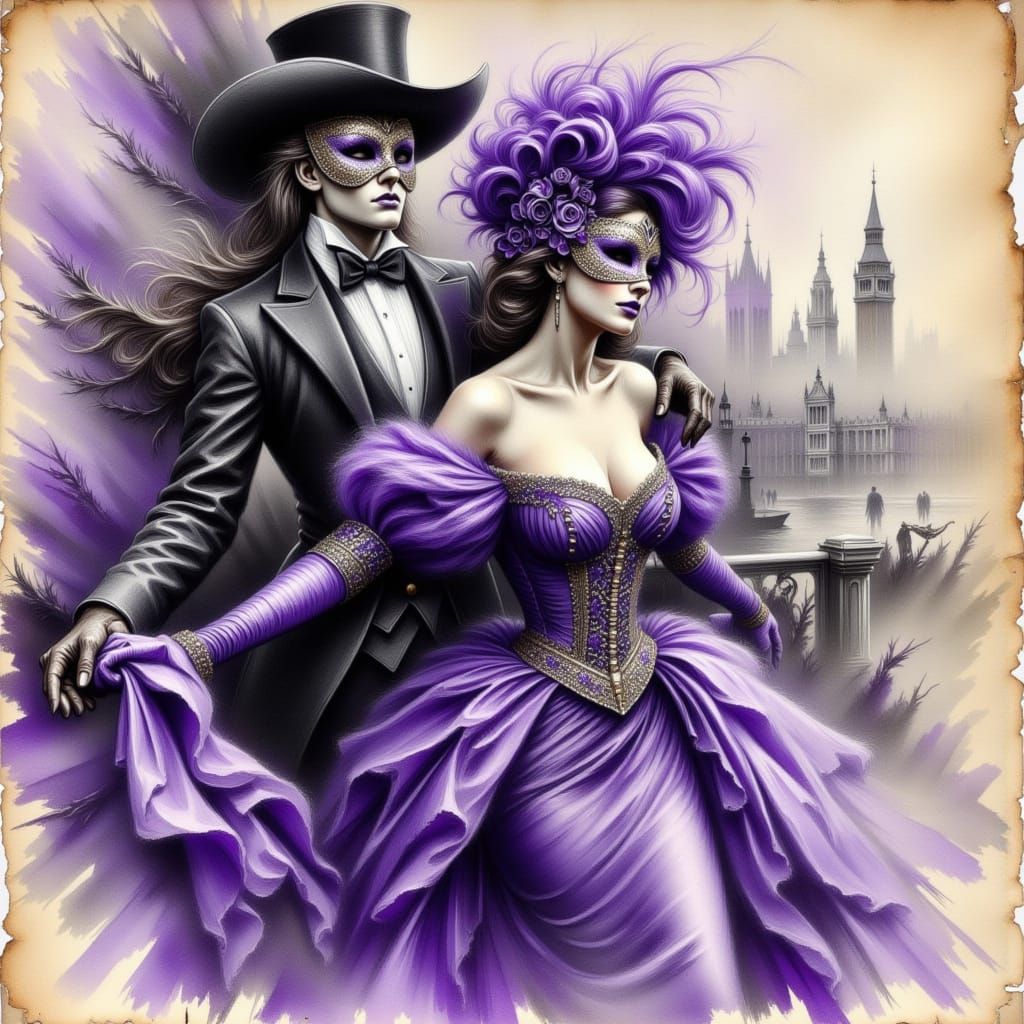 Venetian Masked Ball Sketch in Deep Purple Charcoal