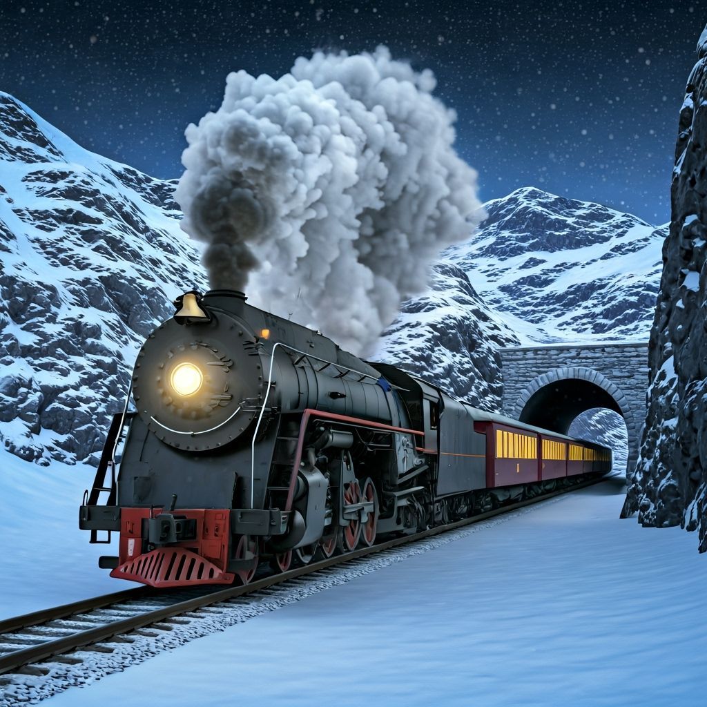 Glowing Steam Train in Snowy Mountain Pass