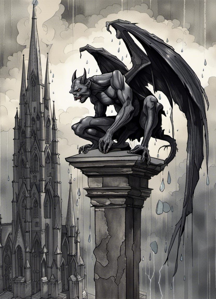 Gargoyle on Gothic Cathedral in Watercolor Style