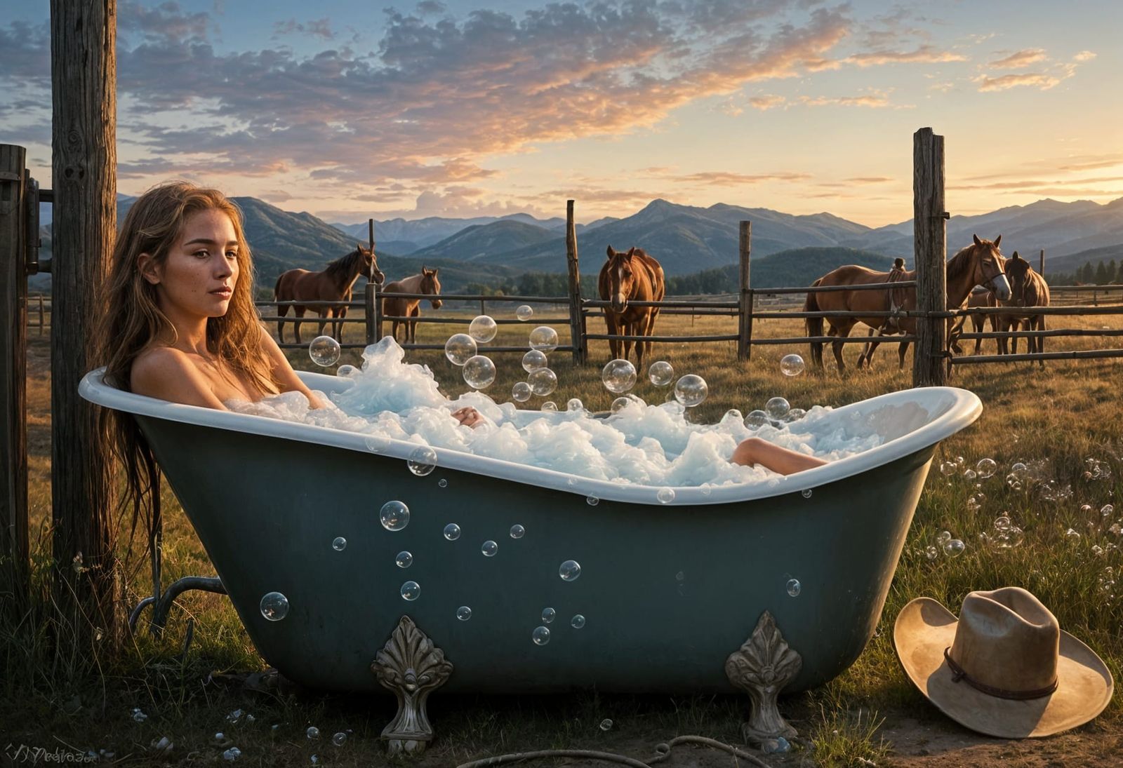 Cowgirl Bubble Bath Under Montana Sunrise