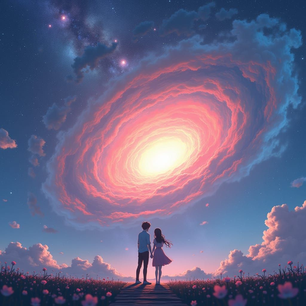Dreamlike Couple Gazing at a Celestial Jewel in Anime Style