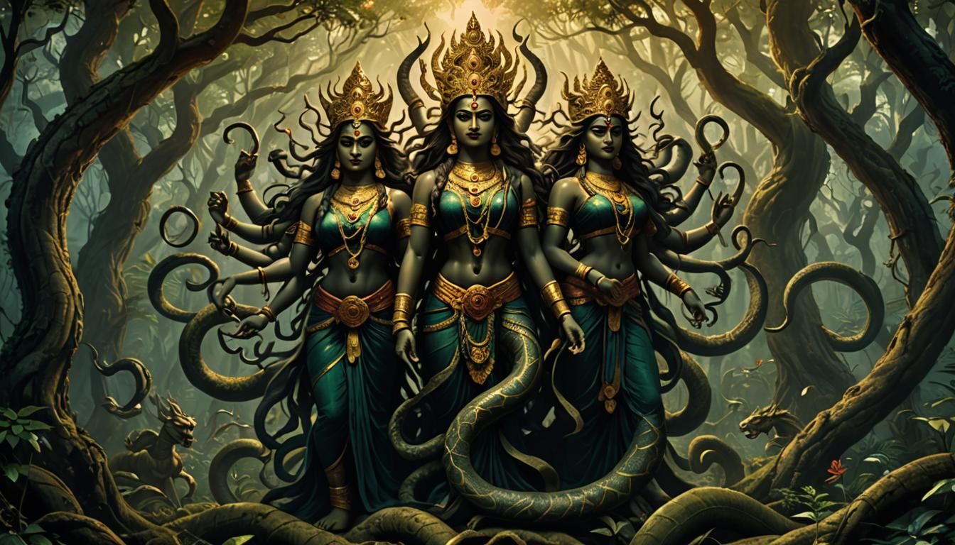 Fierce Vana Durga in Mystical Forest, Fantasy Concept Art