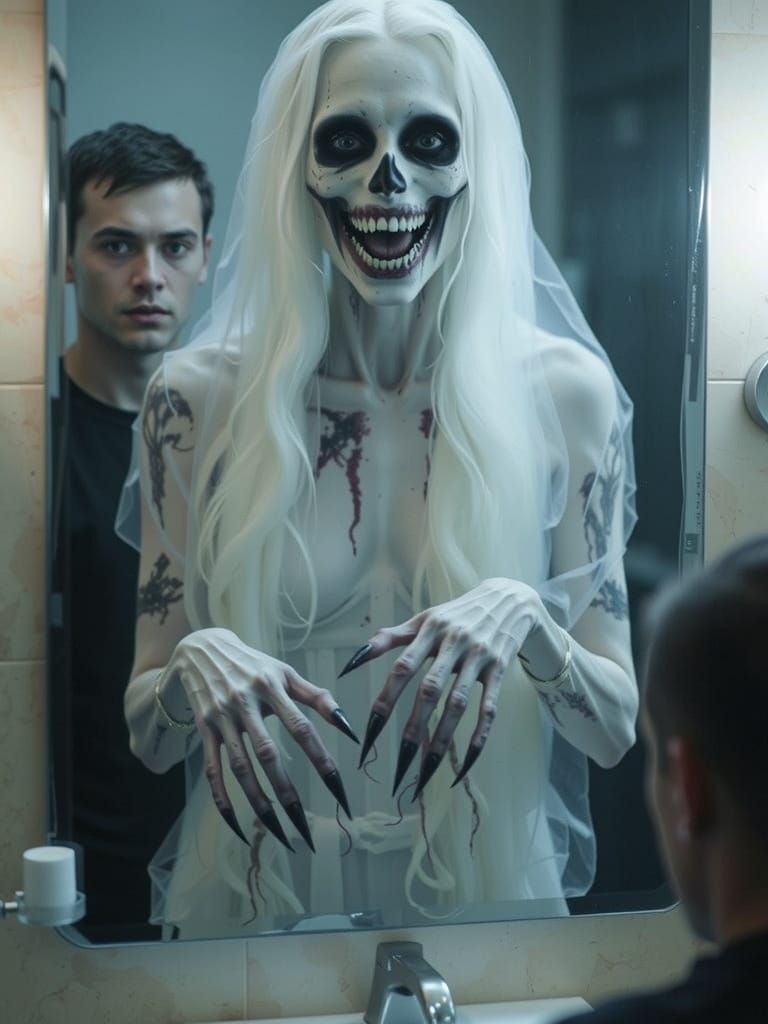 Bloody Mary Appears in a Dimly Lit Mirror