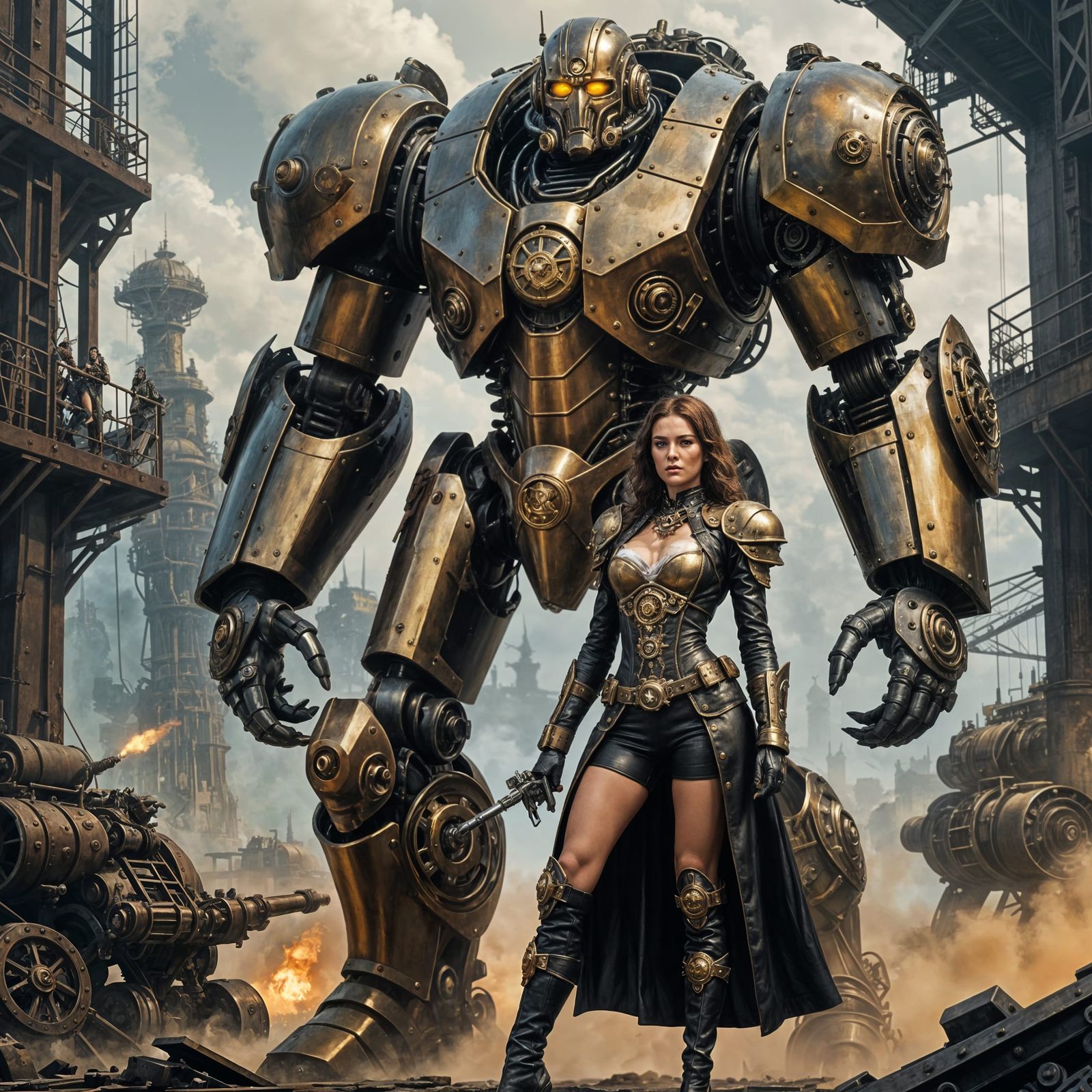 Steampunk Heroine and Titan in Dark Fantasy Style