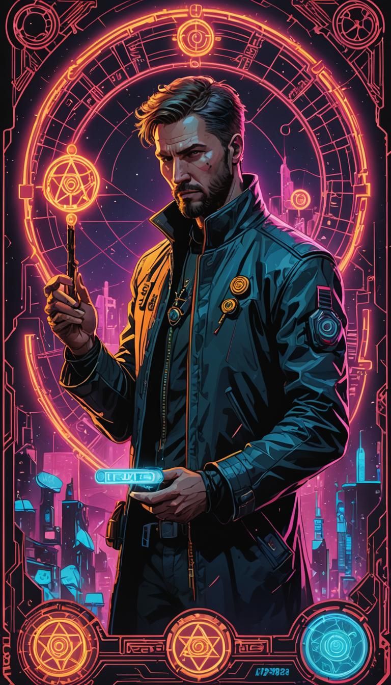 Seven of Pentacles Tarot Card in Cyberpunk Style