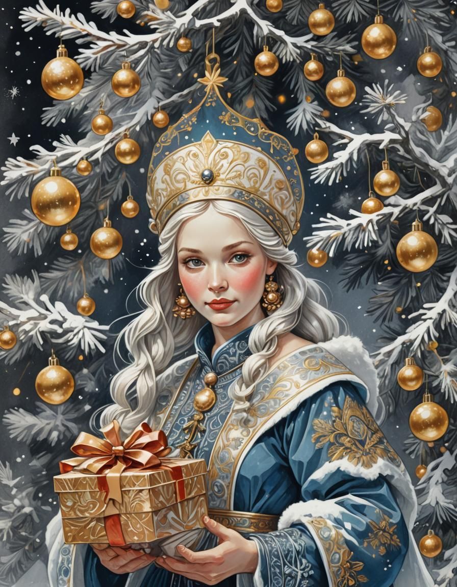 Festive Snow Maiden Portrait in USSR Poster Style