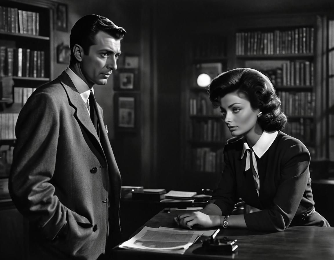 Dramatic Film Noir Scene with Desk and Papers
