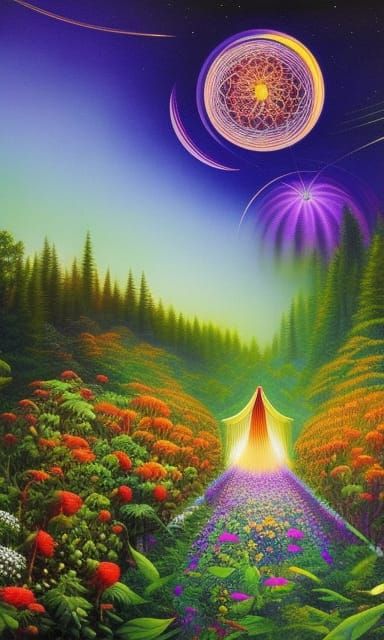 Passion Vine Woman on Stargazing Platform in Surreal Style