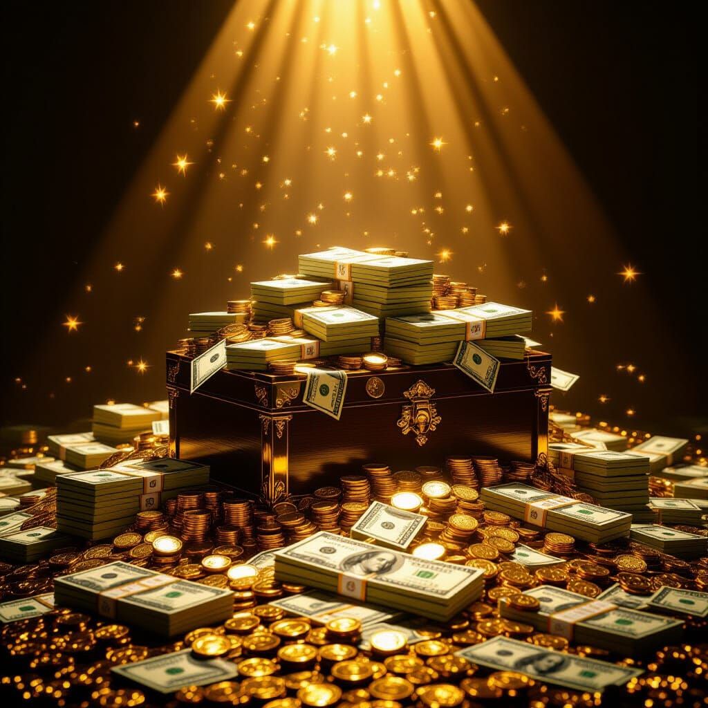 Overflowing Vault of Wealth: Gold, Jewels, and Cash