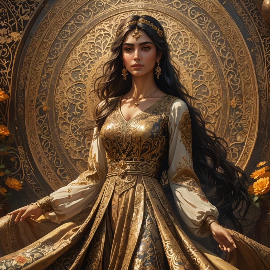 Woman in Dress Beside Persian Text: Oil Painting