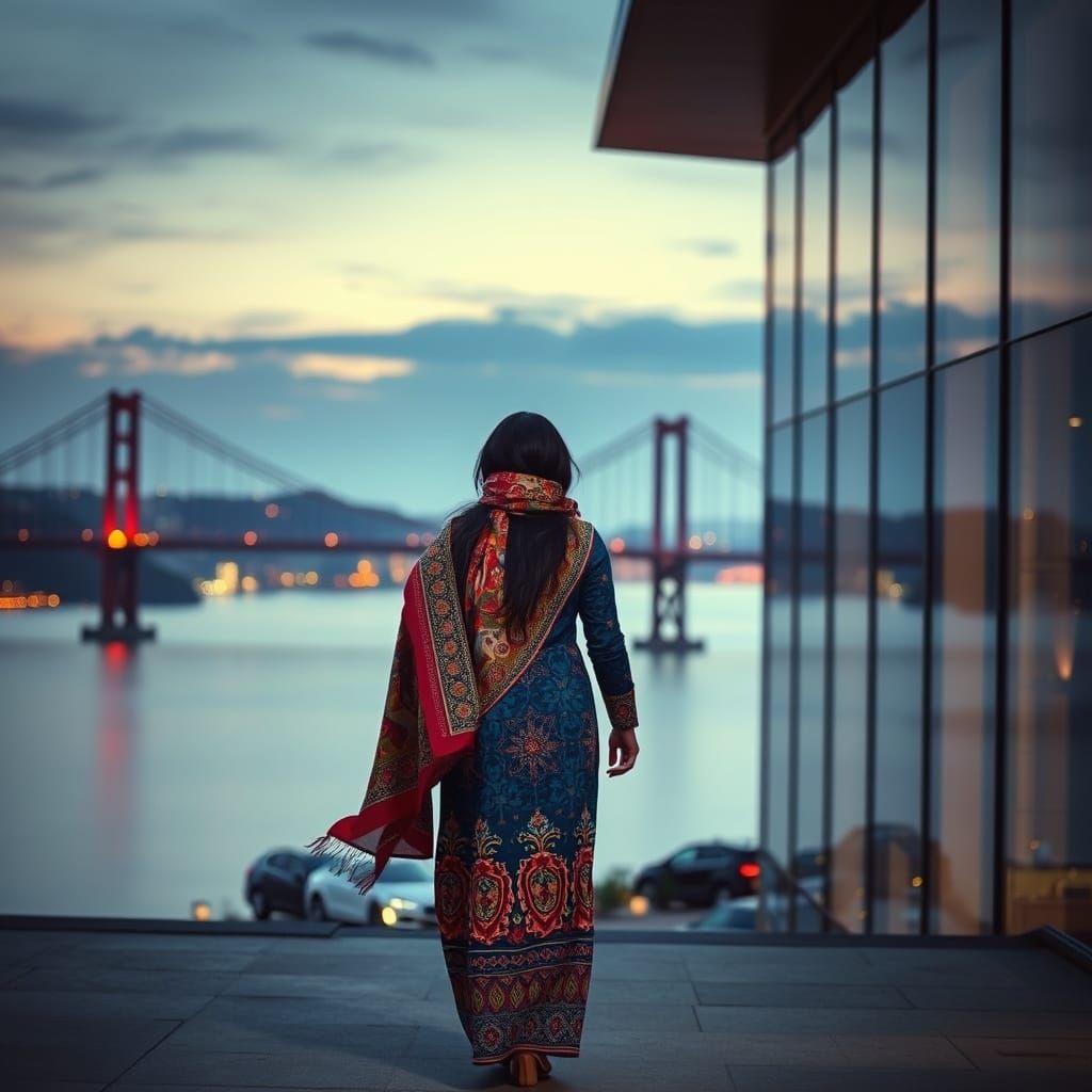 Middle Eastern Woman Walks Towards Skyscraper at Twilight in...