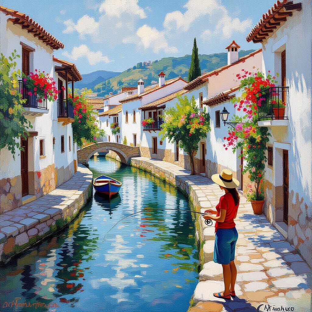 Woman Fishing in Spanish Village in Impressionist Style