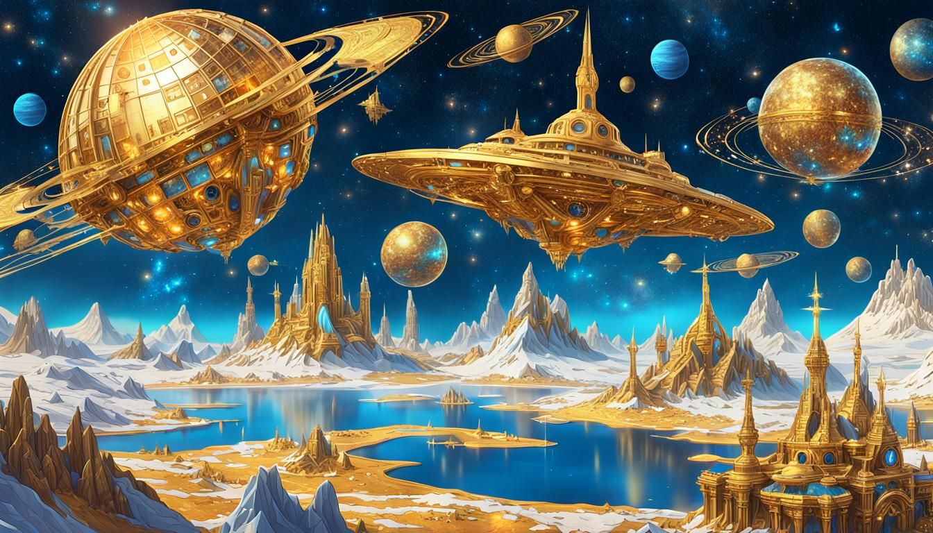 Golden Spaceships in Cosmos Landscape Digital Art