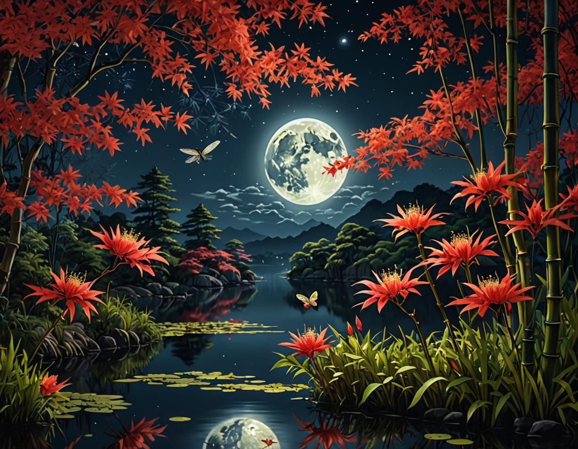 Luminescent Asian Landscape Under Starry Night Sky